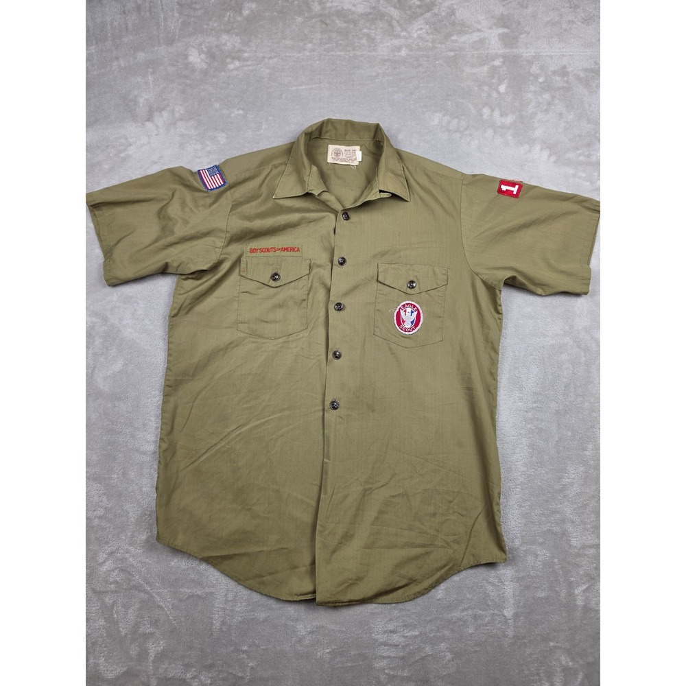 Boy Scouts of America Button Up Shirt Men L Green Eagle Scout Patches Vintage